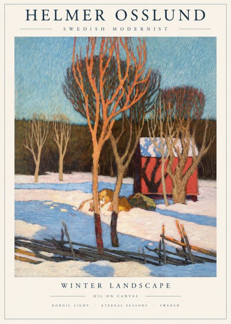 Helmer Osslund Winter Landscape with Red Barn No2 - Affiche