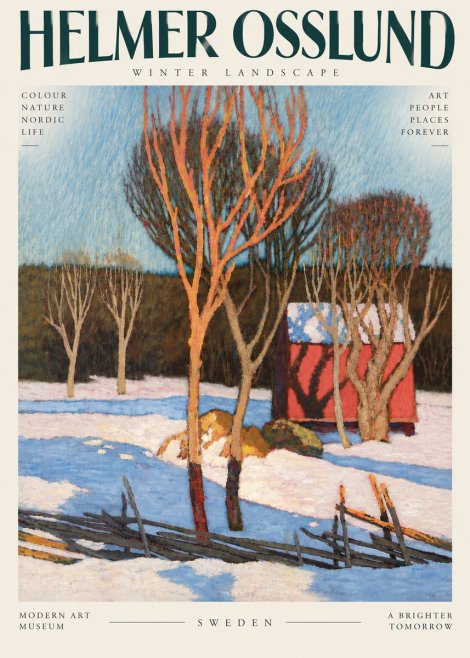 Helmer Osslund Winter Landscape with Red Barn No6 - Affiche