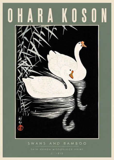 Ohara Koson Swans and Bamboo No2 - Affiche