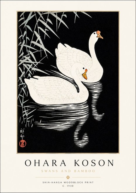 Ohara Koson Swans and Bamboo No3 - Affiche