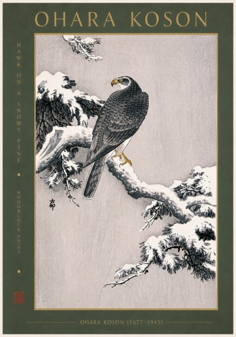 Ohara Koson Hawk on a Snowy Pine No6 - Affiche