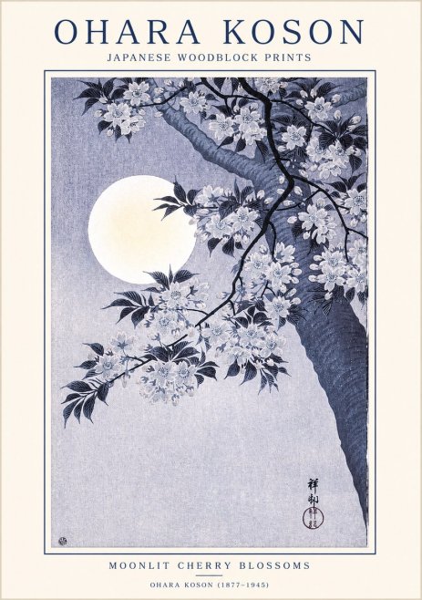 Ohara Koson Moonlit Cherry Blossoms No1 - Affiche
