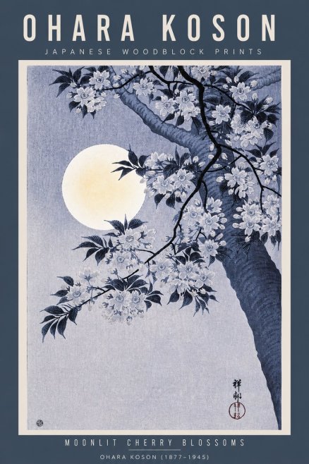 Ohara Koson Moonlit Cherry Blossoms No5 - Affiche