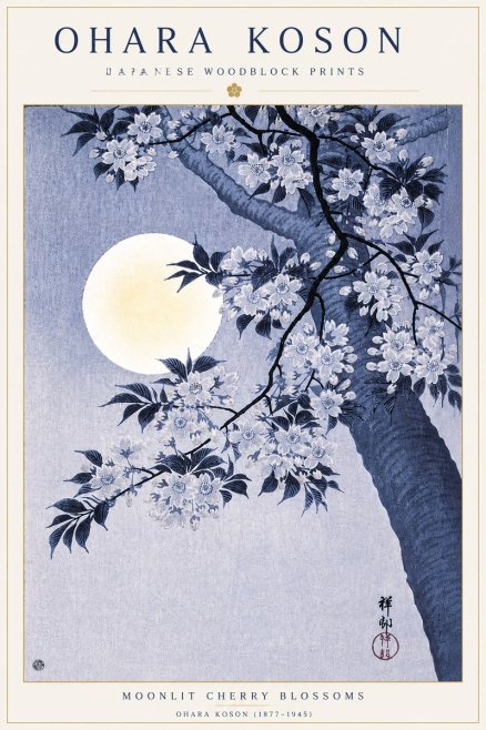 Ohara Koson Moonlit Cherry Blossoms No6 - Affiche