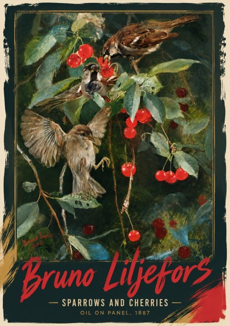 Bruno Liljefors Sparrows and Cherries No3 - Affiche