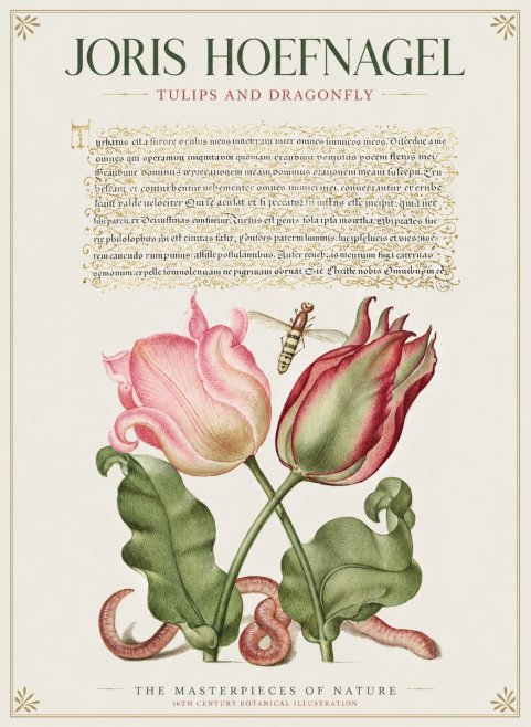 Joris Hoefnagel Two Tulips with Caterpillars and Dragonfly No2 - Affiche
