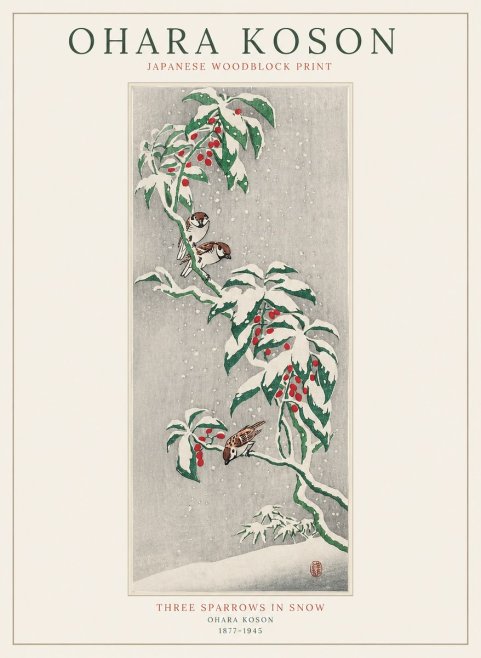 Ohara Koson Three Sparrows in Snow No1 - Affiche