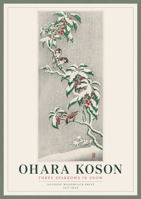 Ohara Koson Three Sparrows in Snow No2 - Affiche