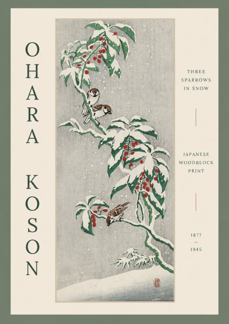 Ohara Koson Three Sparrows in Snow No3 - Affiche