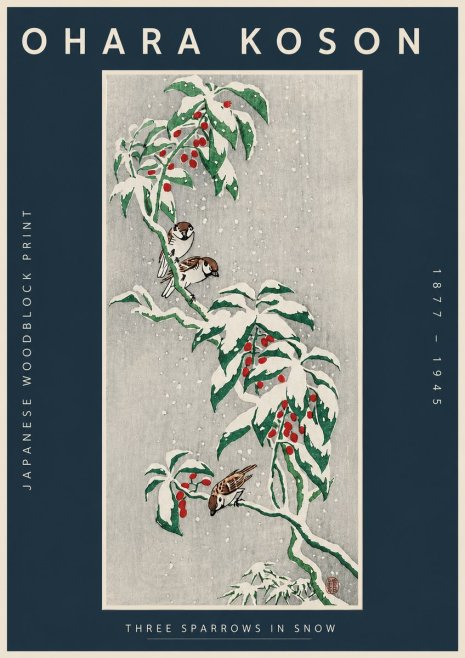 Ohara Koson Three Sparrows in Snow No4 - Affiche