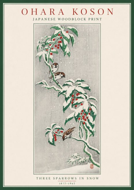 Ohara Koson Three Sparrows in Snow No5 - Affiche