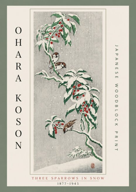 Ohara Koson Three Sparrows in Snow No6 - Affiche