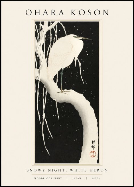 Ohara Koson Snowy Night, White Heron No1 - Affiche