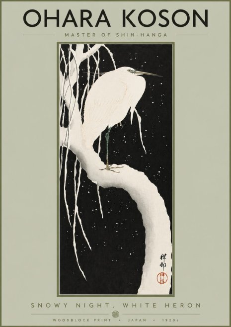 Ohara Koson Snowy Night, White Heron No2 - Affiche