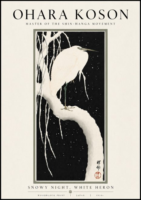 Ohara Koson Snowy Night, White Heron No4 - Affiche