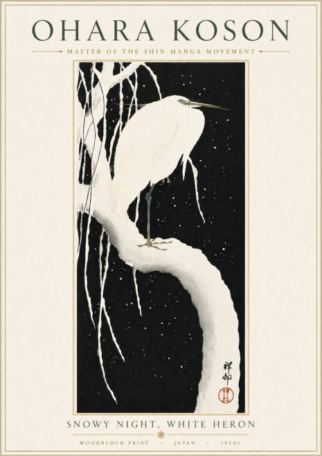 Ohara Koson Snowy Night, White Heron No6 - Affiche