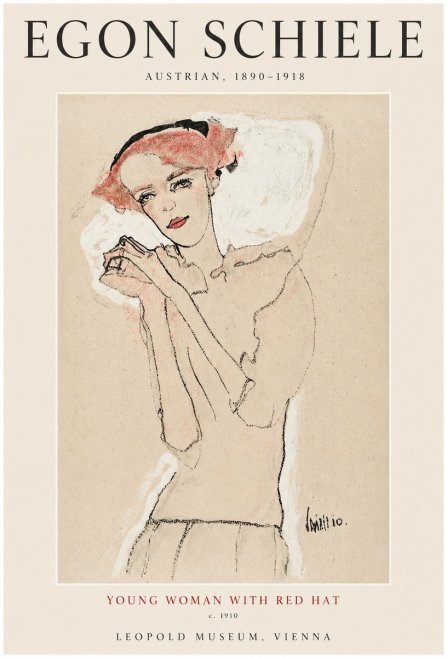Schiele Young Woman with Red Hat No1 - Affiche