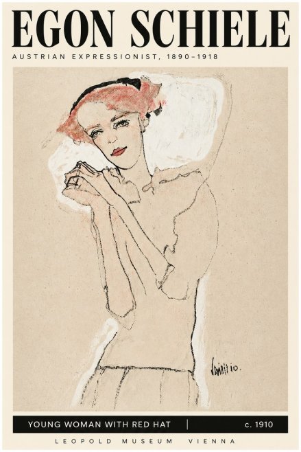 Schiele Young Woman with Red Hat No3 - Affiche