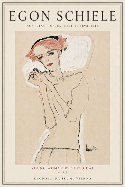 Schiele Young Woman with Red Hat No5 - Affiche