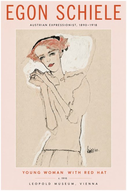 Schiele Young Woman with Red Hat No6 - Affiche