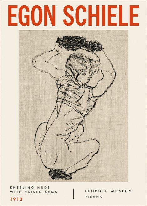 Schiele Kneeling Nude with Raised Arms No4 - Affiche