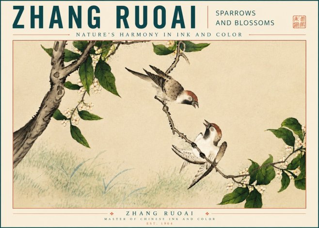Zhang Ruoai Sparrows and Blossoms No5 - Affiche