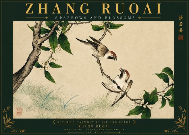 Zhang Ruoai Sparrows and Blossoms No6 - Affiche