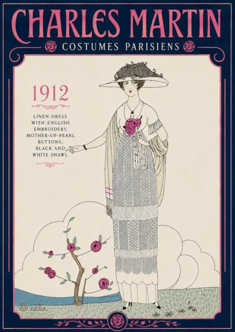 Charles Martin Linen Dress with English Embroidery, Mother-of-pearl Buttons, Black and White Shawl No5 - Affiche