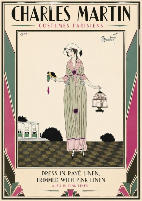 Charles Martin Dress in Rayé Linen, Trimmed with Pink Linen No3 - Affiche