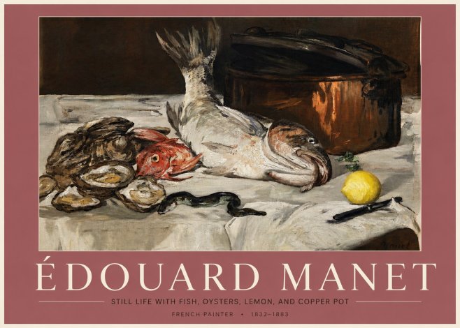 Édouard Manet Still Life with Fish, Oysters, Lemon, and Copper Pot No3 - Affiche
