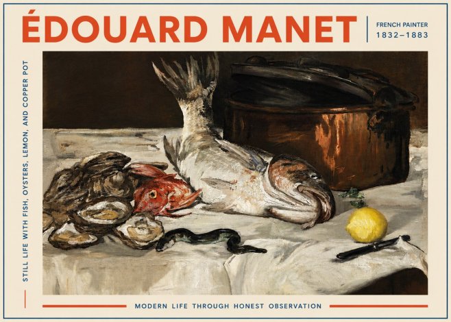 Édouard Manet Still Life with Fish, Oysters, Lemon, and Copper Pot No5 - Affiche