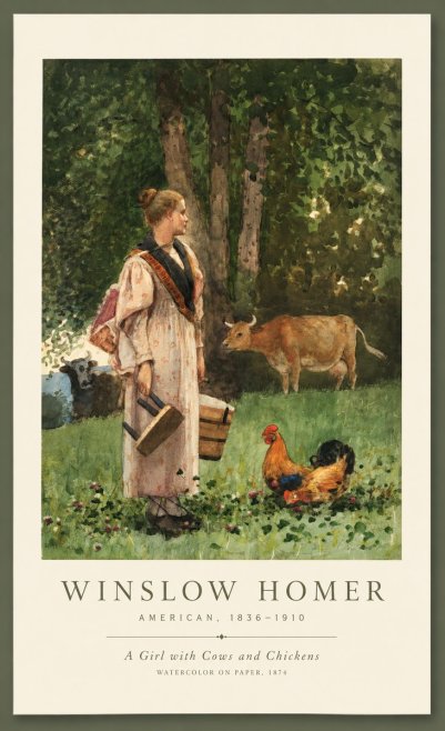 Winslow Homer A Girl with Cows and Chickens No1 - Affiche