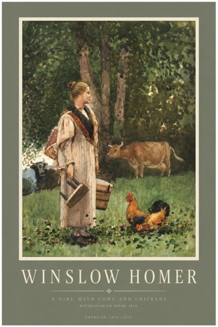 Winslow Homer A Girl with Cows and Chickens No3 - Affiche