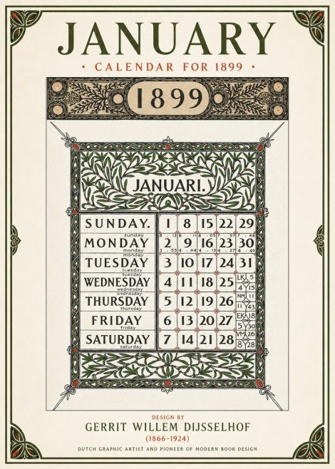Gerrit Willem Dijsselhof January. Calendar for 1899. No1 - Affiche