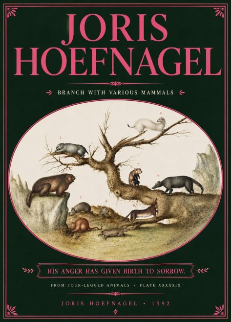 Joris Hoefnagel Branch with Various Mammals No6 - Affiche