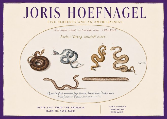 Joris Hoefnagel Five Serpents and an Amphisbaenian No3 - Affiche