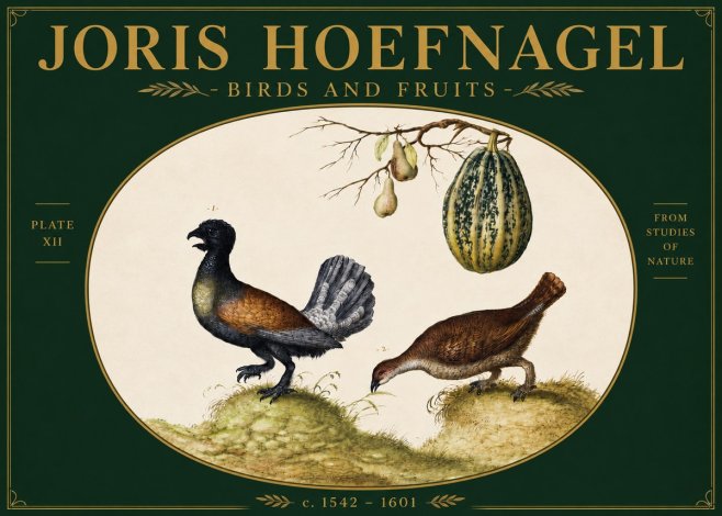 Joris Hoefnagel A Cock and Hen of the Woods with Pears and Gourd No4 - Affiche