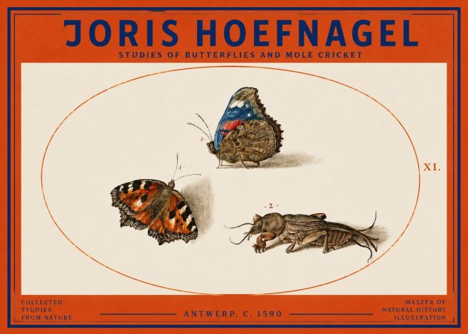Joris Hoefnagel Studies of Butterflies and Mole Cricket No3 - Affiche