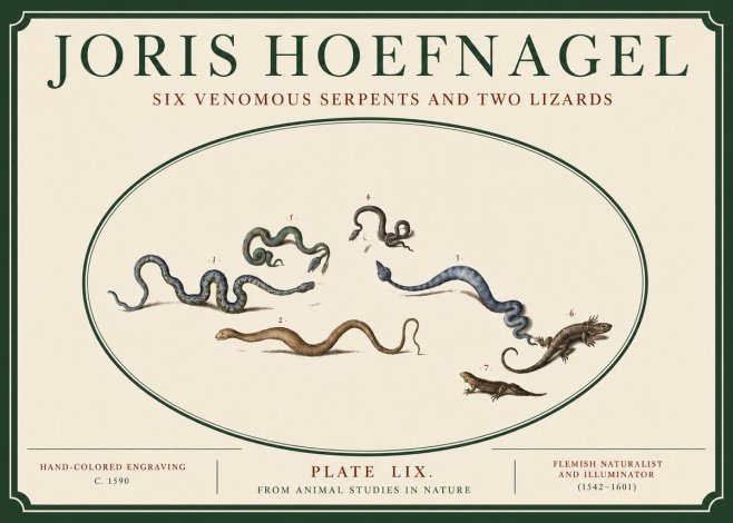 Joris Hoefnagel Six Venomous Serpents and Two Lizards No3 - Affiche