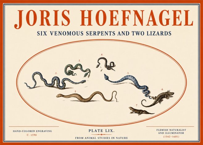 Joris Hoefnagel Six Venomous Serpents and Two Lizards No4 - Affiche