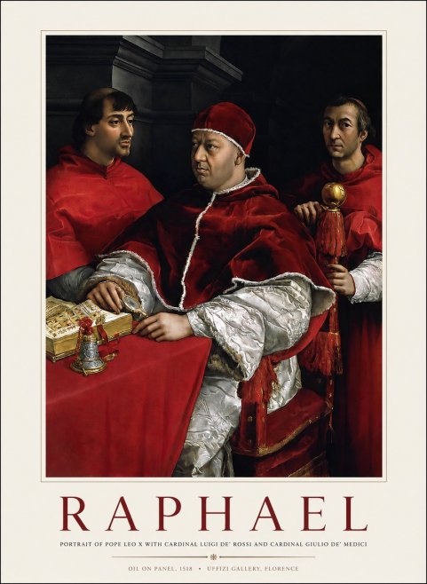 Raphael Portrait of Pope Leo X with Cardinal Luigi De' Rossi and Cardinal Giulio De' Medici No1 - Affiche