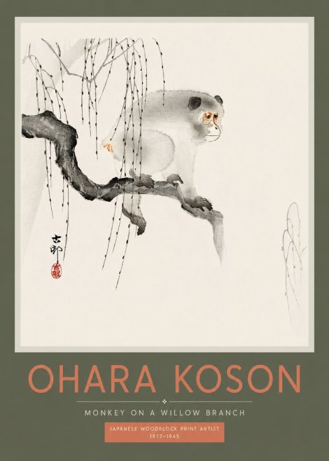 Ohara Koson Monkey on a Willow Branch No2 - Affiche