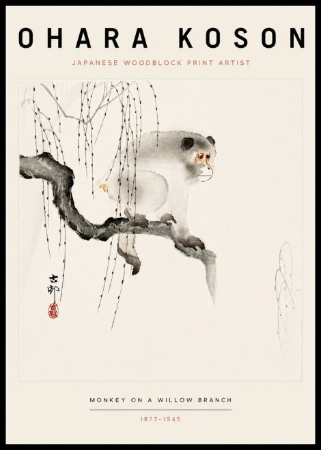 Ohara Koson Monkey on a Willow Branch No3 - Affiche