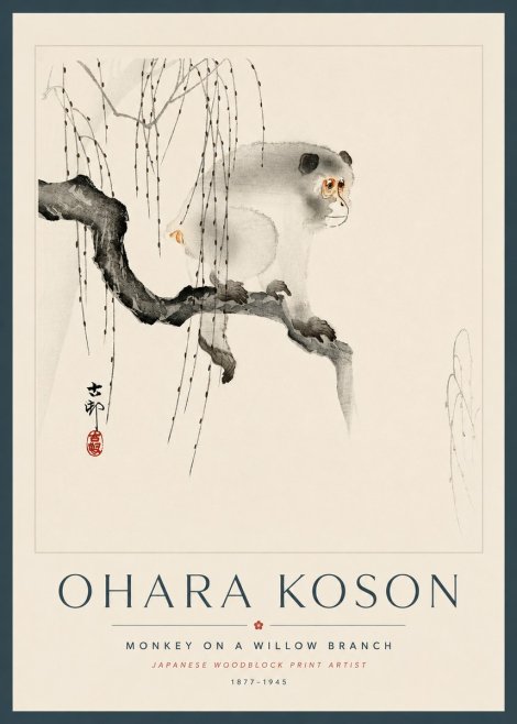 Ohara Koson Monkey on a Willow Branch No5 - Affiche