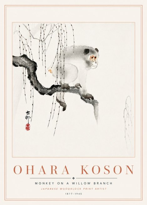 Ohara Koson Monkey on a Willow Branch No6 - Affiche