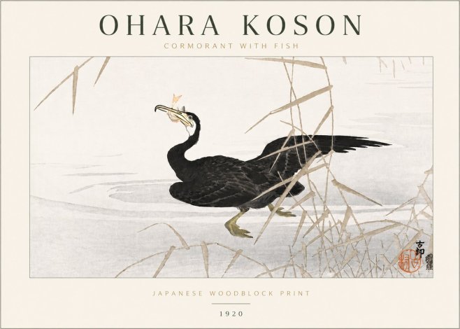 Ohara Koson Cormorant with Fish No6 - Affiche