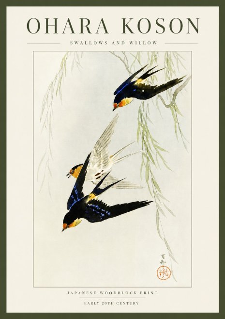 Ohara Koson Swallows and Willow I No3 - Affiche