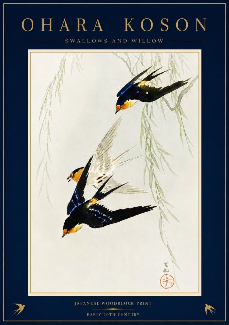 Ohara Koson Swallows and Willow I No5 - Affiche