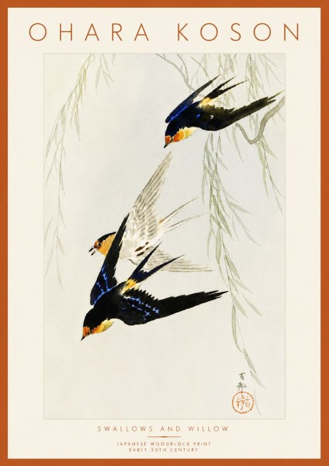 Ohara Koson Swallows and Willow I No6 - Affiche