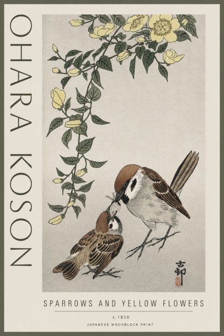 Ohara Koson Sparrows and Yellow Flowers No3 - Affiche